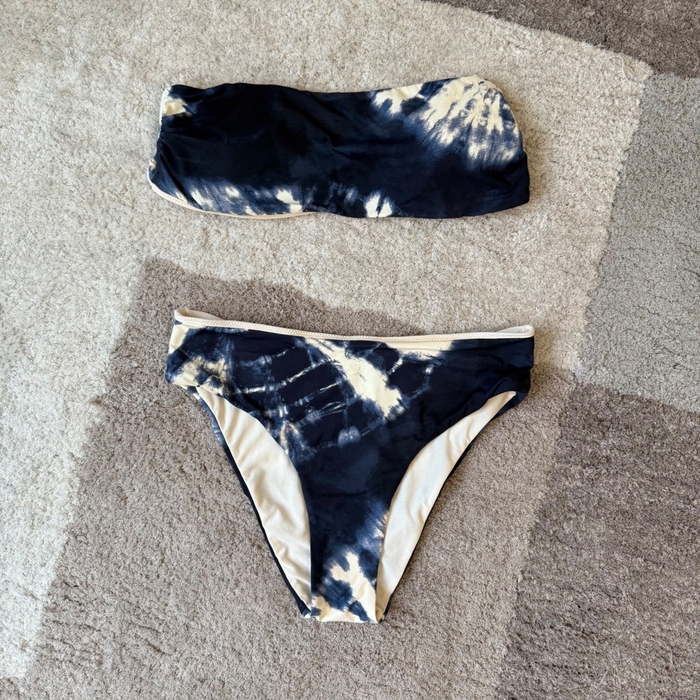 Envy Swimwear Womens Navy Blue Cream Tie Dye Bandeau High Waist Bikini Size S